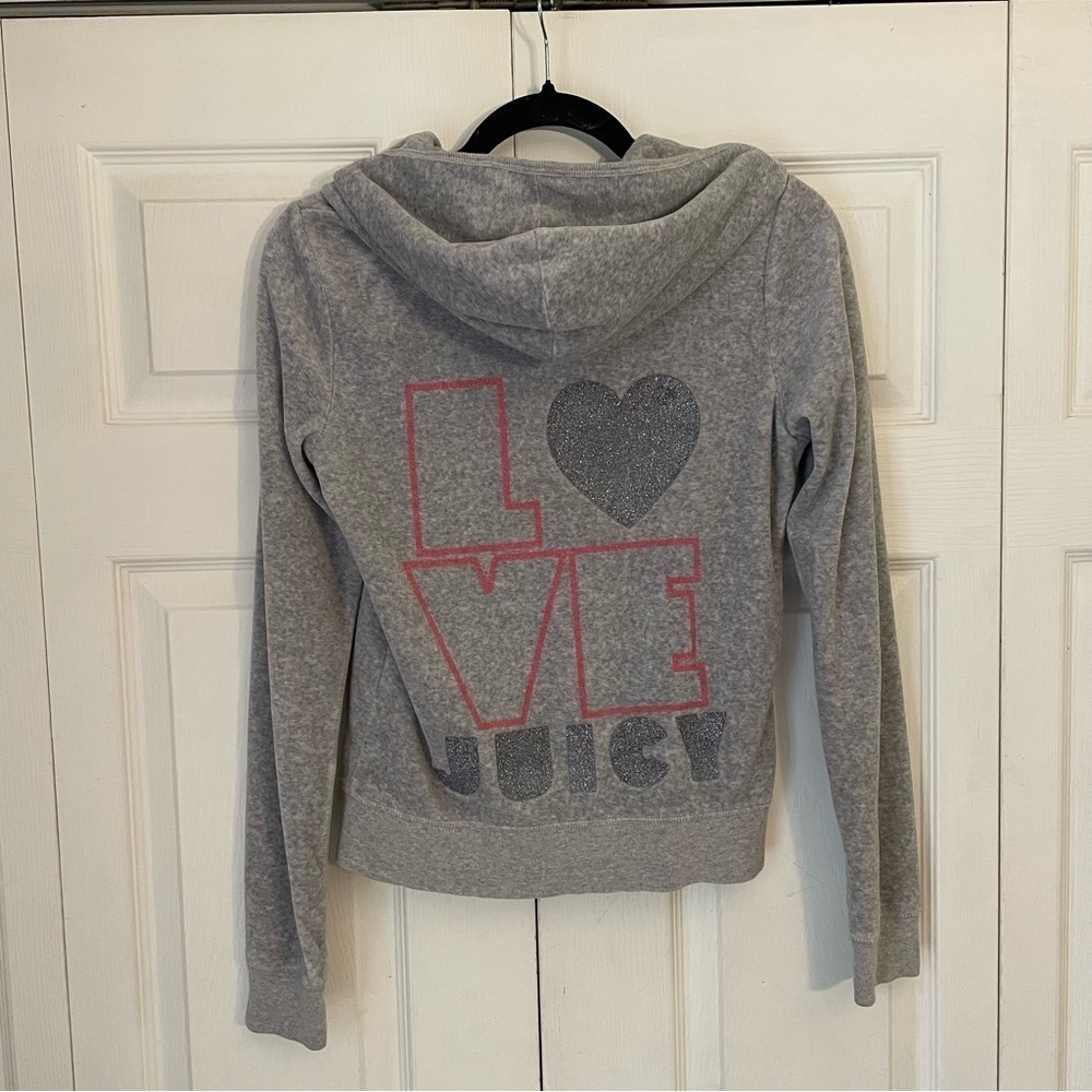 Juicy Couture Y2K Velour Velvet Grey Hooded Zip Up Sweater Jacket Medium